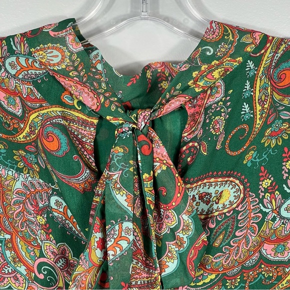 Pink Green Paisley Blouse Sz Small Stacy Frati Sweet Pea Chic Top Sash Tie Neck - Picture 7 of 9